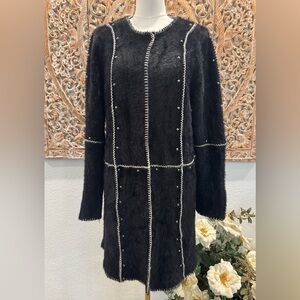 Sioni Classy Edgy Black Studded Fuzzy Knit Long White Stitch Cardigan w/Top Snap